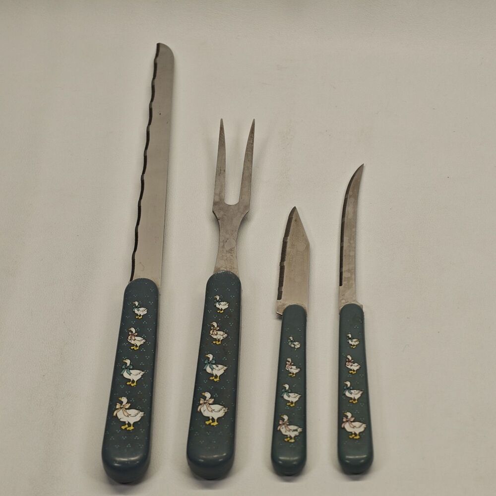 Vintage Country Goose Blue Handle 4 Pc Serving Knife Fork Utensil Set Taiwan Lot